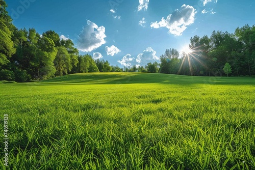 A vivid  expansive green field with lush grass under a clear blue sky with wispy clouds and radiant sunlight beaming down