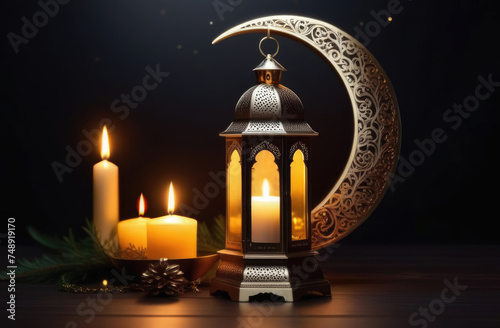 Eid al-Fitr  holy month of Ramadan  Laylat al-Qadr  suspended Arab lantern fanus  candles  silver crescent and stars  fir branches  magical atmosphere  dark background