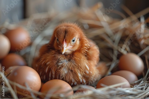A charming close-up of a brown chick surrounded by unhatched eggs, nestled comfortably in a bed of hay inside a rustic setting photo