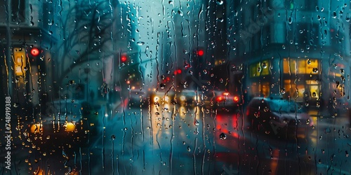 Rainy day in city, Car driving in rain and storm abstract background, blurred colorful urban lights on window glass.