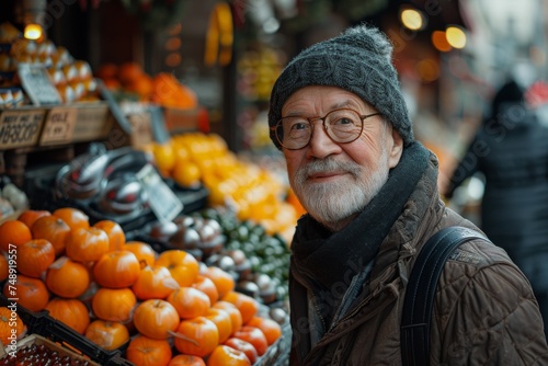 Cheerful elderly man in winter clothing smiling warmly at a colorful outdoor fruit market