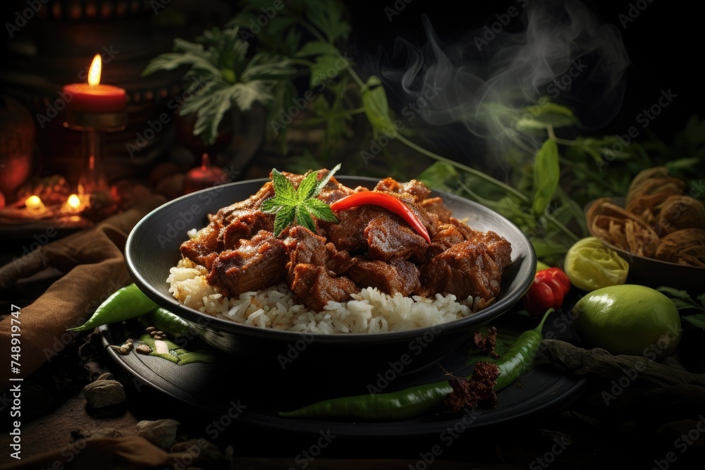 Warm rice and rendang with thick spices, tempting the appetite with a distinctive aroma Warm rice and rendang with thick spices, tempting the appetite with a distinctive aroma