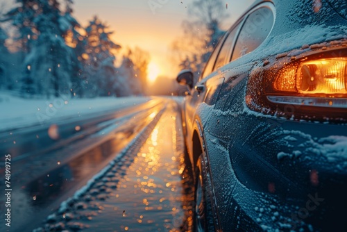 Winter scene with fresh snowflakes accumulating on a car during a magical sunset on a quiet road