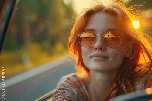 A woman with red hair wearing sunglasses inside a car during golden hour