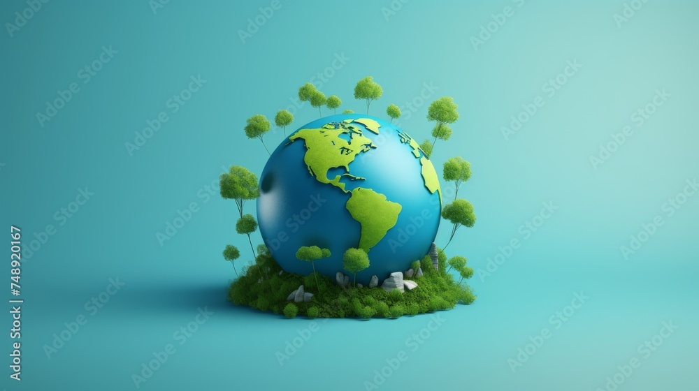 Earth day illustration with world and trees on blue background