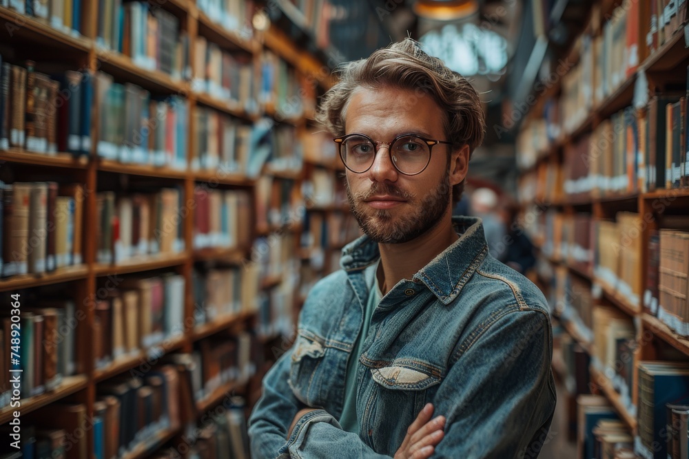 A stylish man with glasses and crossed arms standing in an aisle of a vintage library A stylish man with glasses and crossed arms standing in an aisle of a vintage library