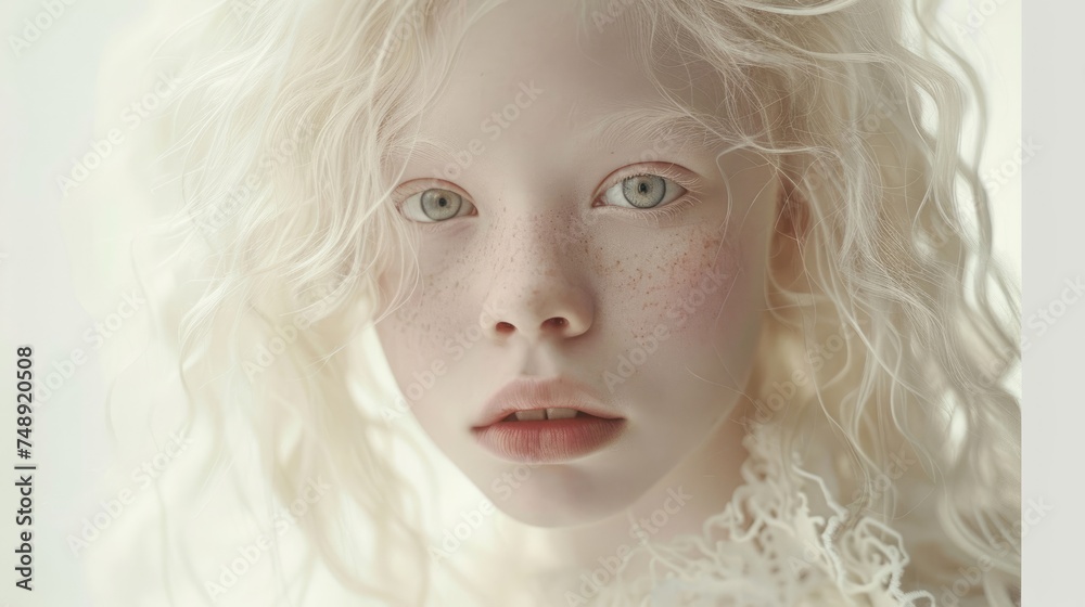 International Albinism Awareness Day, portrait of an albino girl of model appearance with curly hair, genetic feature, Well-kept skin, fresh look, the concept of clean skin and cosmetology International Albinism Awareness Day, portrait of an albino girl of model appearance with curly hair, genetic feature, Well-kept skin, fresh look, the concept of clean skin and cosmetology