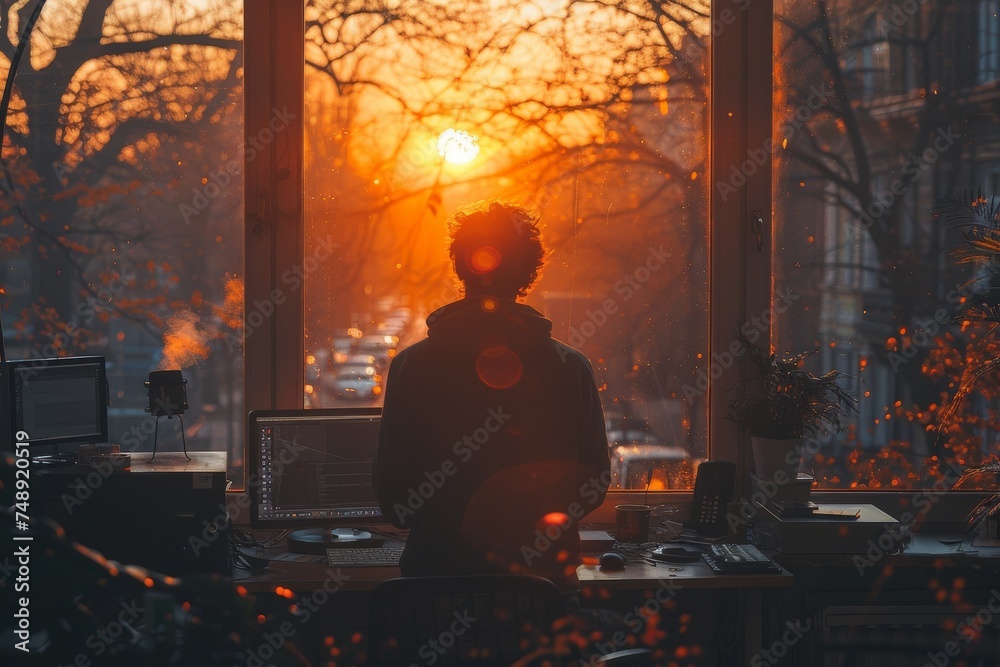 Fototapeta premium A warm sunset streams through a window, backlighting a silhouette of a person at a computer in a cozy office setting