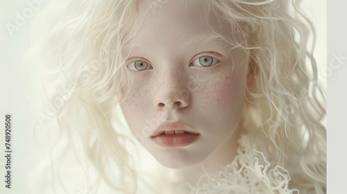 International Albinism Awareness Day, portrait of an albino girl of model appearance with curly hair, genetic feature, Well-kept skin, fresh look, the concept of clean skin and cosmetology