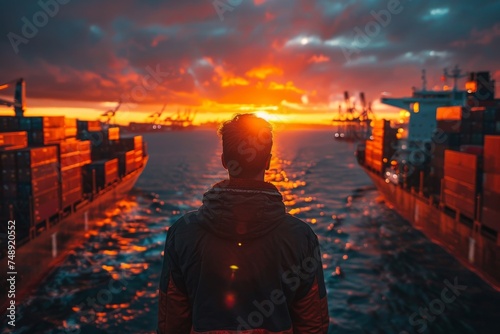 A man stands facing a spectacular sunset over a harbor, with silhouettes of cargo ships setting a contemplative scene