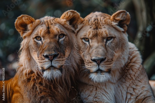 Bonded lion siblings show a strong connection as they pose closely together  expressing familial ties in the wild