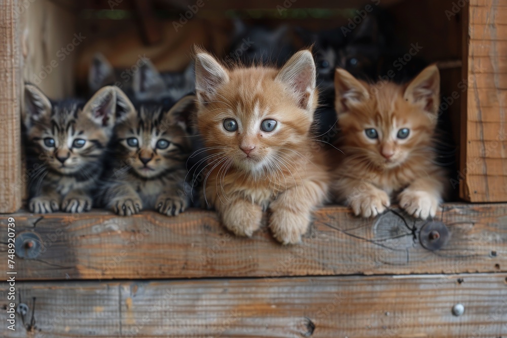 A litter of playful kittens glance curiously from within a rustic wooden box, highlighting their enchanting eyes and fluffy fur A litter of playful kittens glance curiously from within a rustic wooden box, highlighting their enchanting eyes and fluffy fur