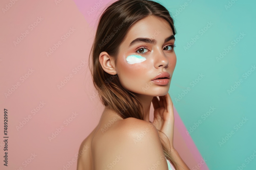Fototapeta premium Face skincare sanctuary skin care cream. Skincare beauty cosmetic products: lip balm, refreshing lotion, moisturiser, anti aging skincare Millet milk eye gel, Smooth serum and self tanner jar pot