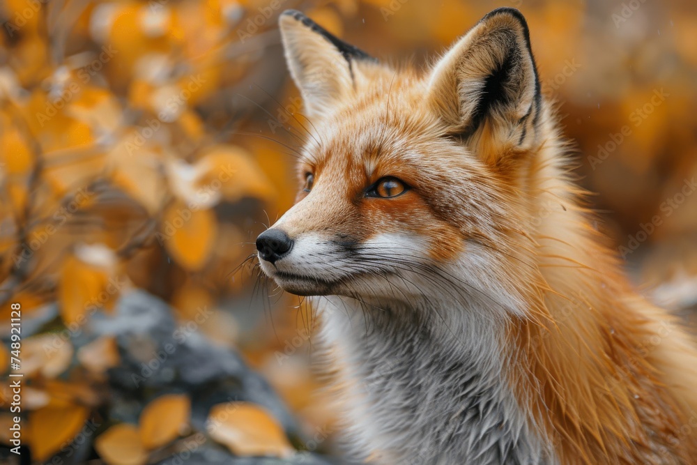 A solitary vibrant-colored fox with an intense gaze captured amidst fall foliage portraying the change of seasons A solitary vibrant-colored fox with an intense gaze captured amidst fall foliage portraying the change of seasons