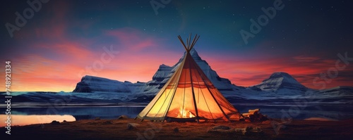 Teepee tent in the middle of cold nature with aurora lights on the sky, banner. Generative Ai.