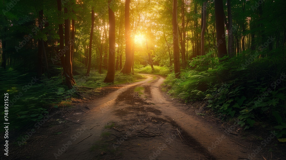 Fototapeta premium Sunlit Serenity: A Journey Along the Forest's Golden Path