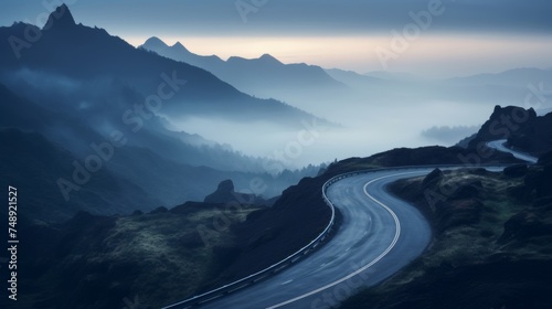 Foggy road in mountain mysterious and atmospheric scenery