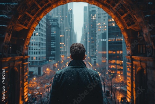 A lone figure observes the bustling city street blanketed in snow from an ornate archway