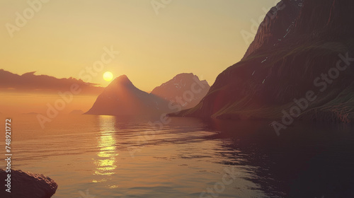 Nordic Twilight  Mountain  Sea  and Islands Silhouette. Generative AI