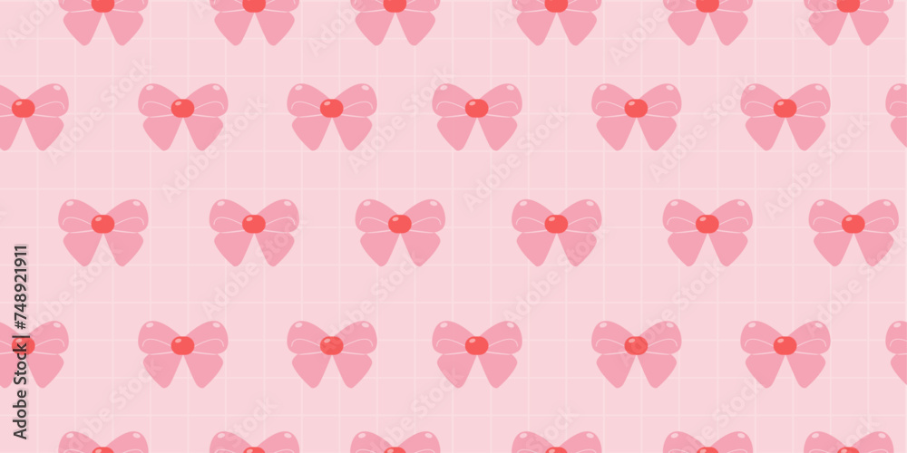 Trendy seamless pattern with pink bows and vintage checkered texture y2k background.  Fashion aesthetic illustration in 2000s for textile, paper, fabric, wallpaper, print design. Vector