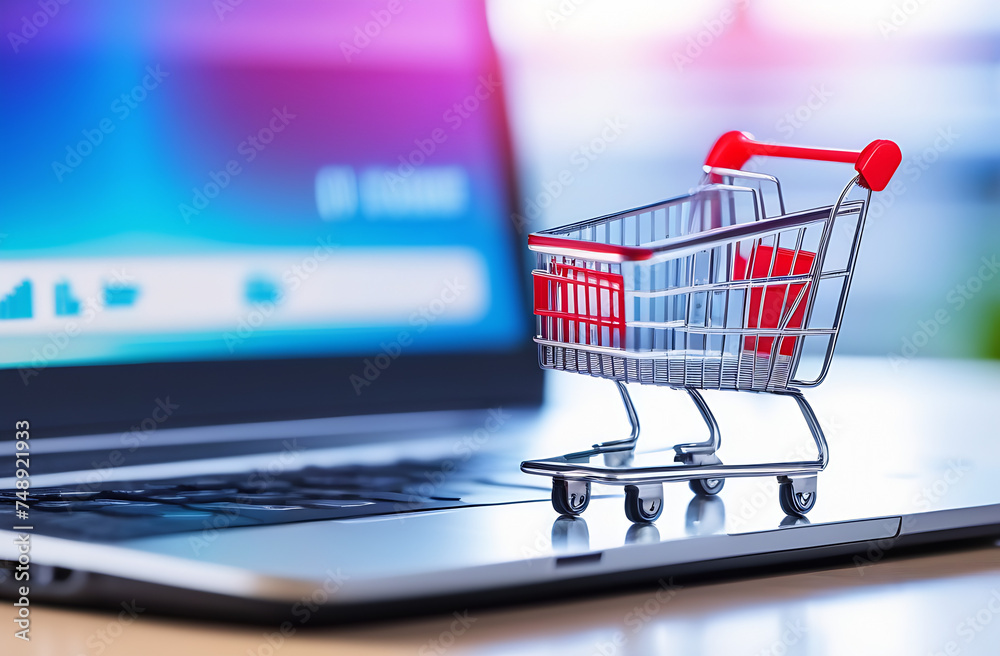 Shopping supermarket trolley at the computer, online shopping on blurred background