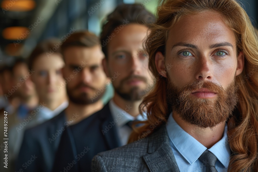 A blue-eyed man with facial hair stands out in a lineup of professional colleagues A blue-eyed man with facial hair stands out in a lineup of professional colleagues
