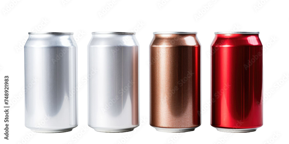 three aluminum cans of different colour white transparent background