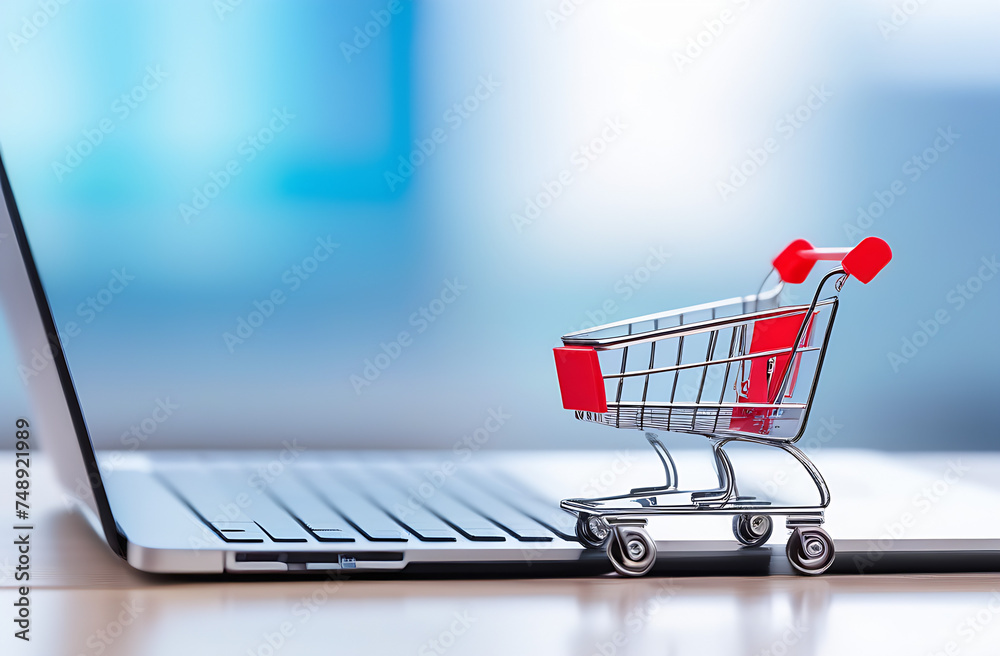 Shopping supermarket trolley at the computer, online shopping on blurred background