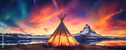 Teepee tent in the middle of cold nature with aurora lights on the sky  banner. Generative Ai.