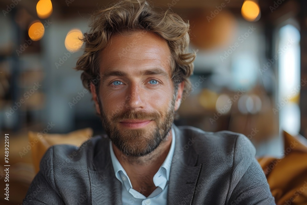 Close-up portrait of a cheerful man with disheveled hair and blue eyes in a cozy indoor setting Close-up portrait of a cheerful man with disheveled hair and blue eyes in a cozy indoor setting