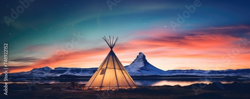 Teepee tent in the middle of cold nature with aurora lights on the sky  banner. Generative Ai.