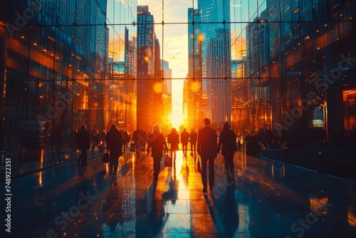 The warm glow of sunset illuminates the scene of city dwellers walking through a modern glass corridor,rush hour,city dwellers,sunset,glass corridor,modern,urban,warm glow,movement,busy photo