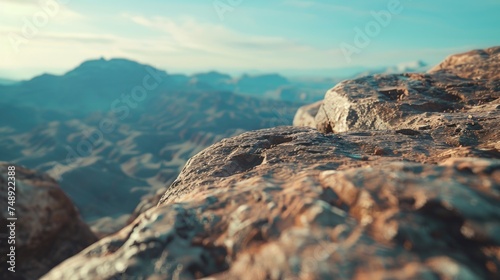 Close up view of a rock with majestic mountains in the background. Ideal for nature and landscape themes