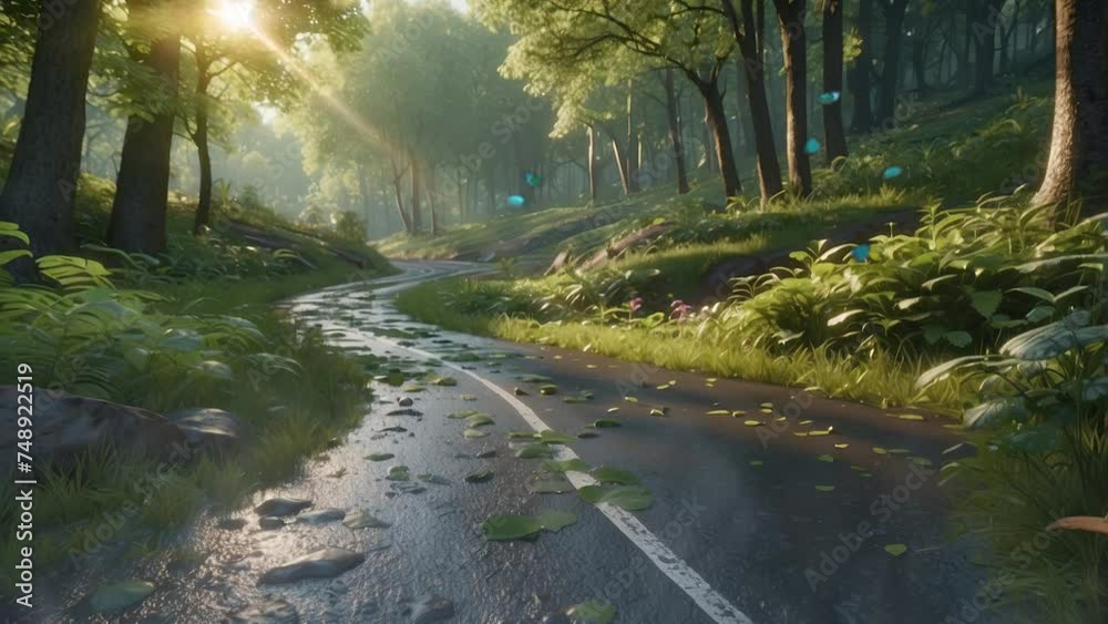 After the rain, the asphalt road weaves through the lush forest, reflecting the surrounding greenery After the rain, the asphalt road weaves through the lush forest, reflecting the surrounding greenery