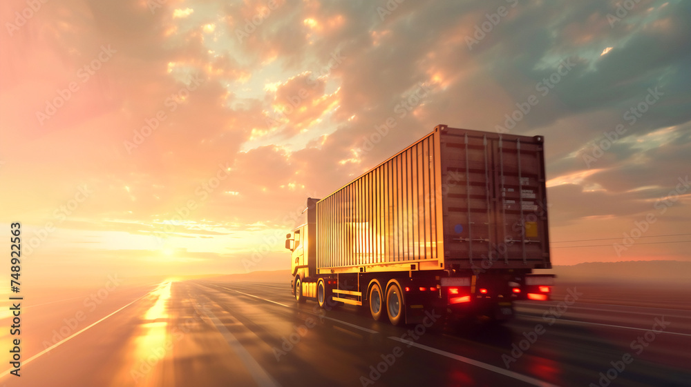 Container truck driving on road with beautiful sky, Cargo transportation concept .