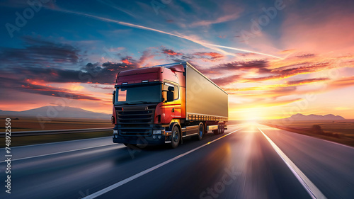 Container truck driving on road with beautiful sky, Cargo transportation concept .