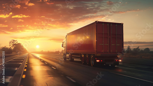 Container truck driving on road with beautiful sky, Cargo transportation concept .
