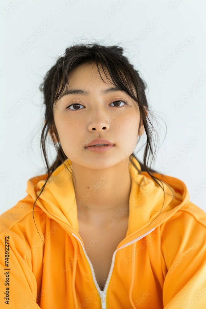 Japanese Sports Icon: Frontal Shot of Influential Woman on White Background with Bright, Happy Theme and Natural Look Japanese Sports Icon: Frontal Shot of Influential Woman on White Background with Bright, Happy Theme and Natural Look