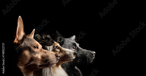 a group of three dogs ashetland sheepdog sheltie and an australian kelpie and a croatian sheepdog hrvatski ovcar dog profile head portrait in the studio on a black background