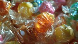 A pile of candy wrapped in plastic wrap. Perfect for Halloween or party themes