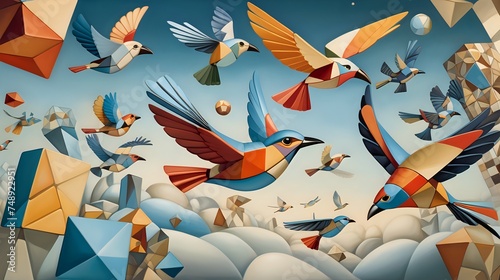  the exhilarating sensation of flight through a Cubist interpretation, where soaring birds and floating objects converge in a dreamscape suspended between earth and sky.
