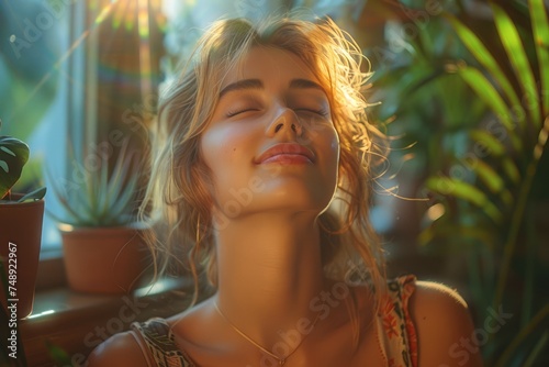 Sun-kissed young woman with closed eyes feeling the warmth  surrounded by green flora