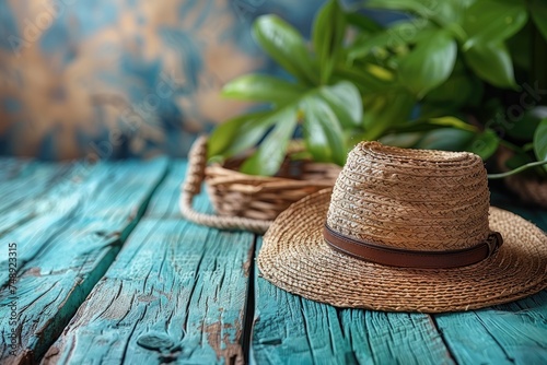 A straw hat rests on weathered blue wood, creating a scene that evokes feelings of summer and rural life