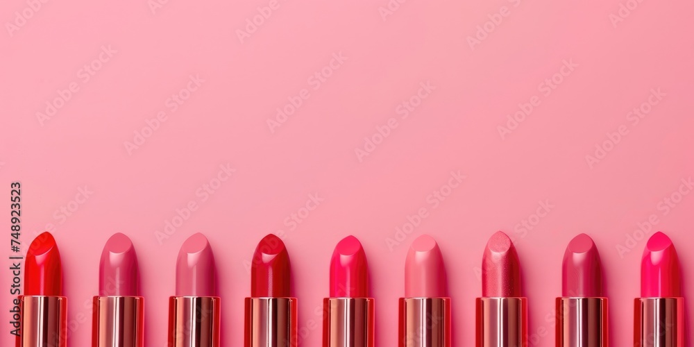 a row of pink lipstick, pink background, horizontal banner for make-up, beauty and cosmetology, free space for text