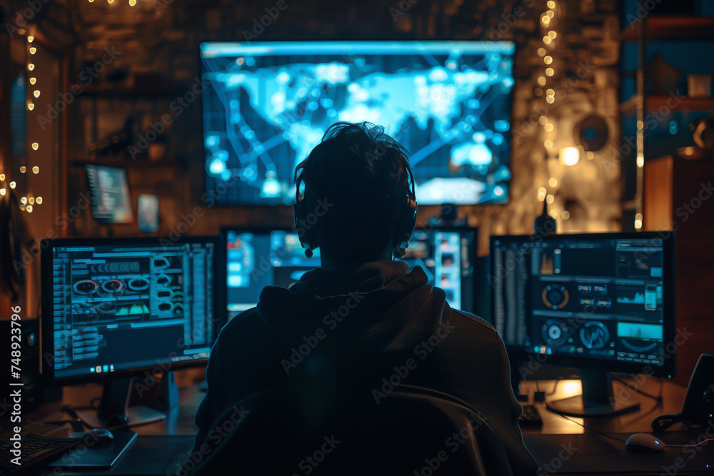 Back view of a person with headphones facing a multi-monitor setup with graphical interface, in a cozy gaming environment.
Back view of a person with headphones facing a multi-monitor setup with graphical interface, in a cozy gaming environment.