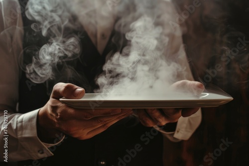 A person holding a plate with smoke, versatile image for various concepts
