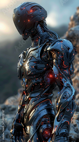 Cyber warrior in 3D armor standing guard in a virtual reality landscape embodying strength and technology