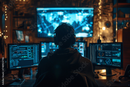 Back view of a person with headphones facing a multi-monitor setup with graphical interface, in a cozy gaming environment. 