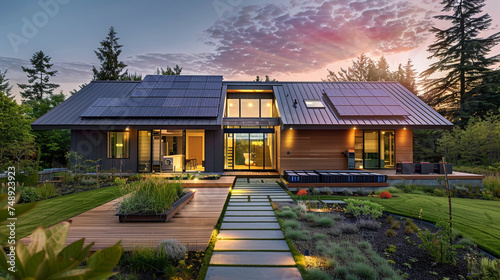 Dusk settles on a modern home solar panels gleaming storage batteries lined neatly Ecosustainability meets design