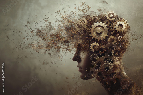 Editorial Photography capturing the metaphorical concept of thoughts as gears on a persons head photo